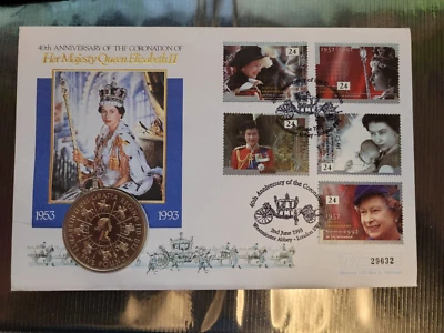 1993 Great Britain The Queen's Coronation 40th Anniversary 5 Pounds Coin Cover - Image 1 of 4