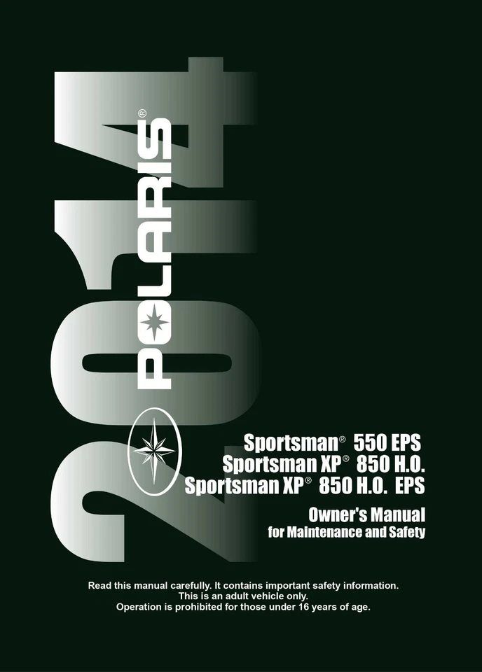 Polaris SPORTSMAN 550 EPS, XP 850 HO EPS 2014  ATV Owners Manual NEW PAPERBACK - Image 1 of 1