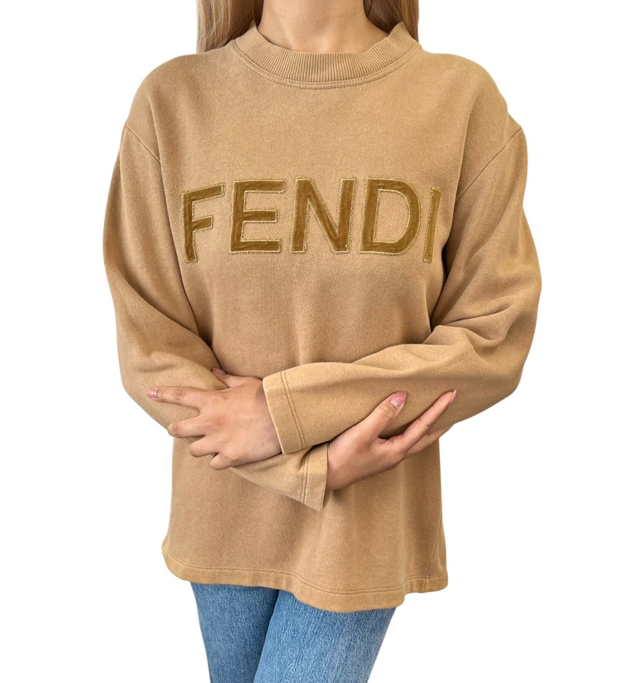 FENDI Vintage Big Logo Sweatshirt Top #38 Brown Cotton Velvet Long Sleeve - Image 1 of 4