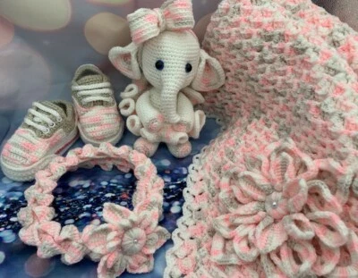 CROCHET BABY SET for a Girl - HANDMADE - Blanket - Toy - Headband - Baby Booties - Image 1 of 4
