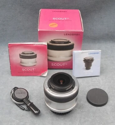 LENSBABY SCOUT 12MM FISHEYE CAMERA LENS WITH NIKON MOUNT, DISCS, IN BOX (A) - Image 1 of 2