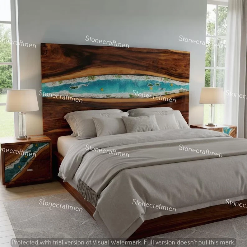 Handmade Ocean Epoxy Headboard | Live Edge Wood, Coastal Decor - Image 1 of 4