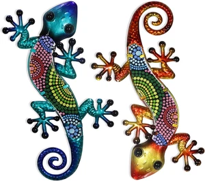 Metal Gecko Wall Art 2 Pack 15 Inch Lizard Outdoor Decor Hanging Glass Sculpture - Picture 1 of 8