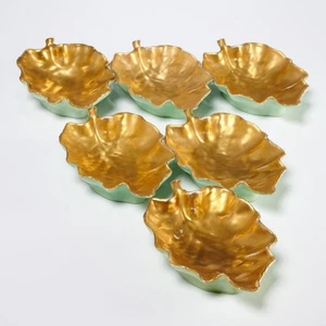 T und V Limoges Französisch Gold Mintgrün Blatt Schmuck Soßenschale 6 Stck Lot 4,5" L - Bild 1 von 6