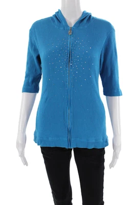 Camiseta con capucha Christine Alexander para mujer cremallera frontal manga corta azul talla grande Foto 1 de 4