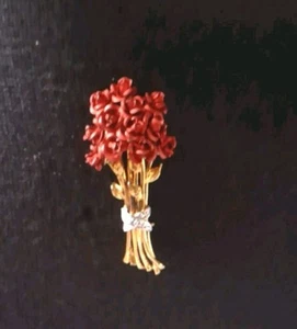 Vintage Sterling Vermeil rote Emaille Rose Dutzend Blumenstrauß Brosche Anstecknadel - Bild 1 von 9