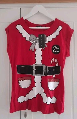 BNWT New Look Ladies Red Mrs Claus  Santa Christmas Glitter Top Size 10 T-Shirt - Image 1 of 2