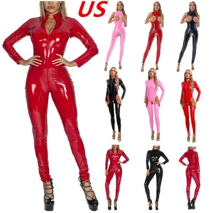 Women's Wet Look Jumpsuit Zipper Front Bodysuit Metallic Full Body Catsuit - Picture 1 of 70