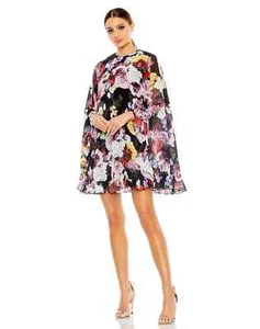 Ieena Mac Duggal Black Multi Floral Ruffle Cape Minidress Size 8 $398 - Picture 1 of 3