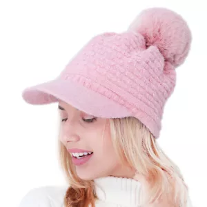 Women's Chenille Blend Visor Brim Beanie With Knit Baseball Cap Winter Skull Hat - Picture 1 of 8