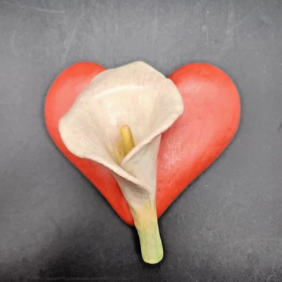 Signed Sandra Luehrsen Ceramic Wall Sculpture Heart Lily Hand Made Clay Hanging - Image 1 of 4