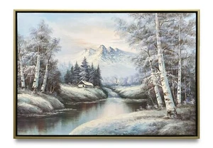 NY Art- Bob Ross Style Oil Painting of Winter Landscape on Canvas 24x36 Framed - Picture 1 of 7