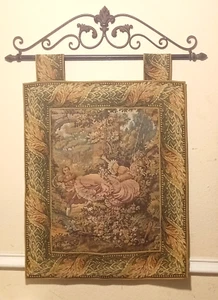 Vintage French Verdure Scene Wall Hanging Tapestry size w/rod iron 2pc - Picture 1 of 9