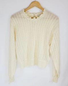 Joie Ivory Ruffle Jewel-Neck & Pointelle Cashmere Blend Cutout Sweater Women's M - Picture 1 of 12