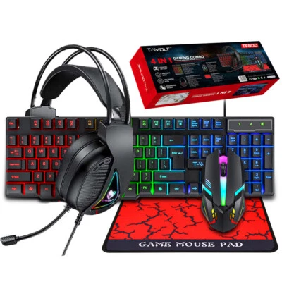 RGB PC Gaming Keyboard Mouse & Headset Set LED Gamer Bundle Mechanical Kits 4IN1 - Image 1 of 4