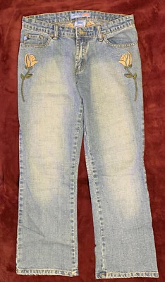 Pantalones de mezclilla Y2K Apollo azules bordados rosas flores para mujer talla 7/8 Foto 1 de 4
