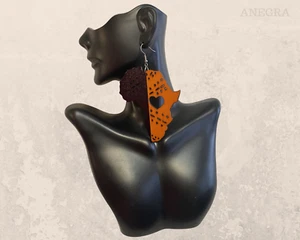 Large Wooden Africa Map Black Orange Women's Afro Dangle Earrings Symbolic Heart - Picture 1 of 4
