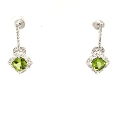 Natural cushion Peridot 2.01tcw Diamond halo .44tcw 14kW gold dangle earring NEW - Image 1 of 4
