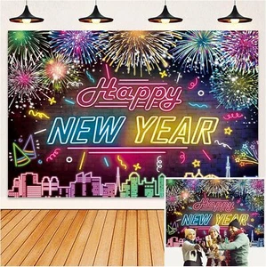 Buon Anno Neon Sfondo 2025 Capodanno Città Fuochi d'artificio Sfondo - Foto 1 di 7