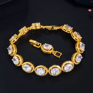Gelbgold vergoldet Zirkonia rund Hochzeit Armband für Damen Party Schmuck - Bild 1 von 21