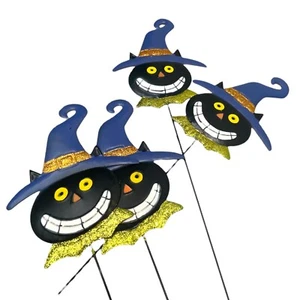 Set Of Four 22 Inches Happy Halloween Cat Metal Yard Stick - Picture 1 of 5