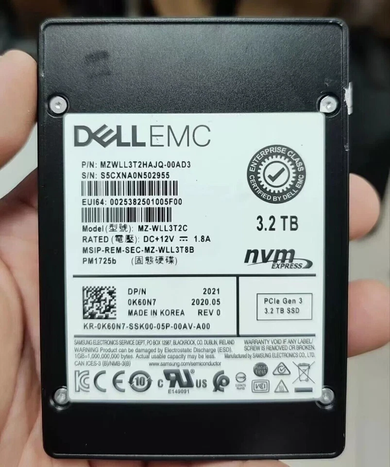 Dell Samsung PM1725B 3.2TB PCle Gen 3 NVME 2.5" SSD MZ-WLL3T2C 0K60N7 - Image 1 of 1