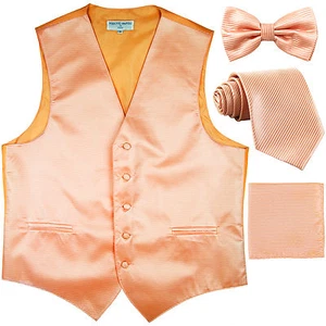 New men formal vest waistcoat_bowtie, neck tie & hankie horizontal stripes peach - Picture 1 of 5