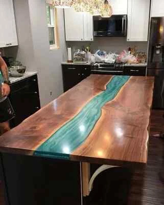 Green Epoxy Resin Center Dining Table Tops, Handmade Furniture, Epoxy Wooden Dec - Image 1 of 4