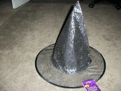 Halloween Sexy Pointed Witch Hat Sheer Black Glitter Spider's Web Netting - Image 1 of 3