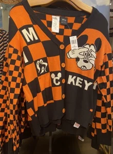 Disney Parks Halloween Sweater Cardigan Large Scared Mickey Checkerboard Orange - Picture 1 of 3