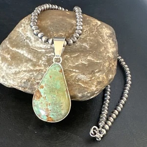 Green Turquoise Pendant Sterling Silver Navajo 20" Necklace 15020 - Picture 1 of 13