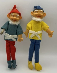 Vtg Pair Elf Pixie Felt Rubber Face Doll Ornaments 8" Heads Turn One Arm Missing - Picture 1 of 21
