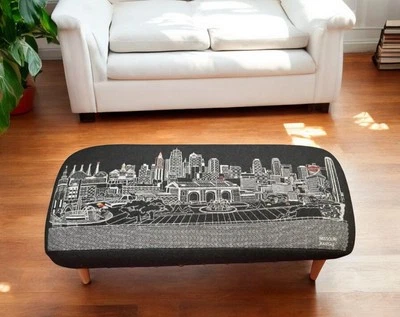 38" Black Wool and Brown Ottoman - Image 1 of 4