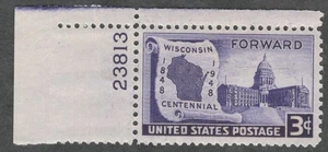 US. 957. 3c. Wisconsin Statehood, 100th ANNIV.. Issue. Single mit Pl# postfrisch. 1948 - Bild 1 von 1