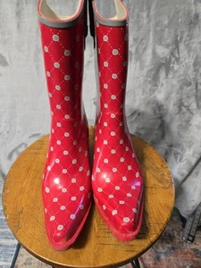 Stadium Stompers Women’s 9 Red Gray Cowboy Rubber Rain Boots Western Garden - Picture 1 of 10