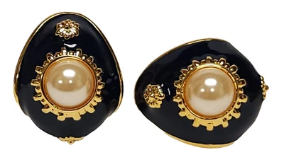New Joan Rivers Navy Blue Enamel Faux Pearl Gold Tone Curved Clip Earrings - Image 1 of 4