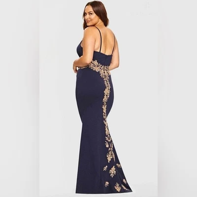 NUEVO Vestido Floral Faviana Azul Marino Dorado Apliques Cuentas Nuevo con Etiquetas Talla 14W Foto 1 de 4