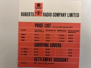 ROBERTS RADIO FEBUARY 1971 PRICE LIST SHACK/WALL ART - Bild 1 von 1