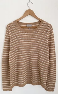 Pure Collection Beige Striped Crochet Style Jumper Pullover Silk Cashmere UK 14 - Picture 1 of 5
