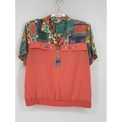 Vintage Jordana Petites Sz 10-12 Abstract Geometric Coral Short Sleeve Blouse - Image 1 of 4