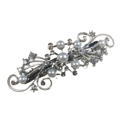 Stars Ablaze Hair Barrette Tension Clip Silver Tone Faux Pearls Party Wedding - Image 1 of 4