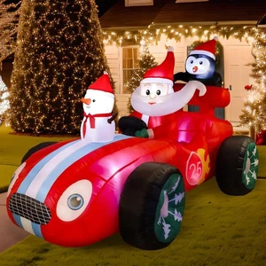 8FT Aufblasbare Weihnachtsdeko Outdoor, Santa Rennwagen mit Schneemann - Bild 1 von 6