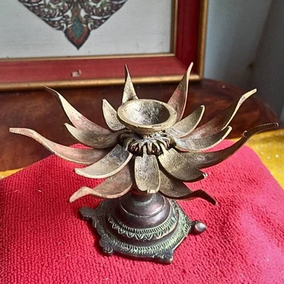 Rare Vintage Lotus Candle Incense Burner Bronze Handmade Sculpture Yoga Decor - Image 1 of 4