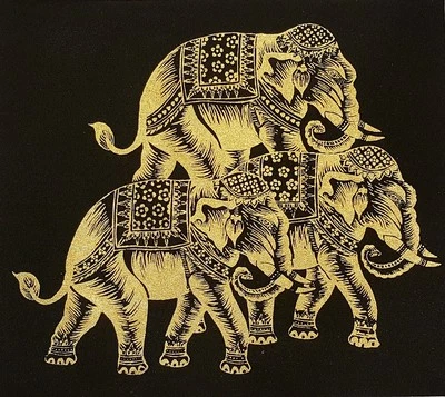 Black Thai Art Silk Print Poster 3 Gold Elephant Painting Wall Mount Home Decor - Image 1 of 4