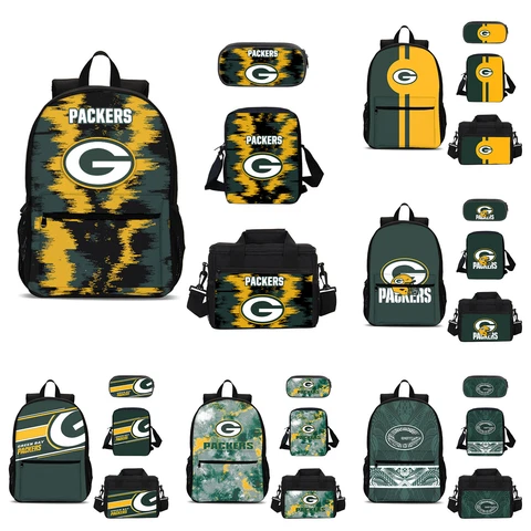 Green Bay Packers School 4PCS Backpacks Set Pen Bag Crossbody Bag Lunch Bag Lot Cover