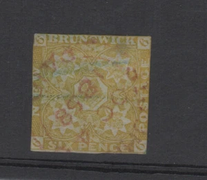 NB #2 1851 6d Mustard Yellow Heraldic St John 1858 in red 2 green lines, 3 sides - Picture 1 of 3