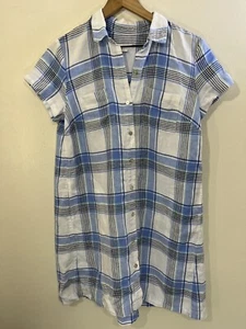 Linen Button Up Tunic Shirt Check Plaid Dress Coastal Cottage Resort Preppy - Picture 1 of 15