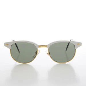 Sleek Silver Half Frame Vintage Sunglass Gold Accents and Green Lens - Minsky - Picture 1 of 3