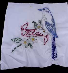 Florida Bird Embroidered Quilted Square Frameable Art State Needlepoint Vintage - Picture 1 of 1