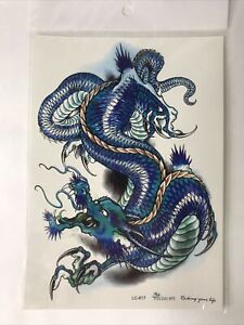 Mythical Creature Blue Chinese Dragon Sea Serpent 8 Inch Temporary Tattoo